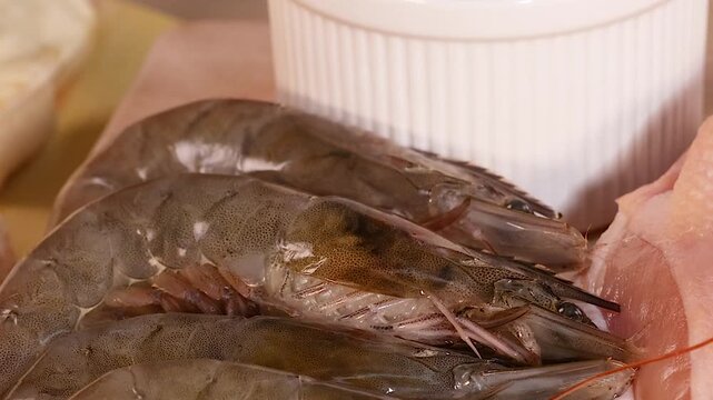 Close Up of Raw Shrimp Chicken and High Protein Food Ingredients