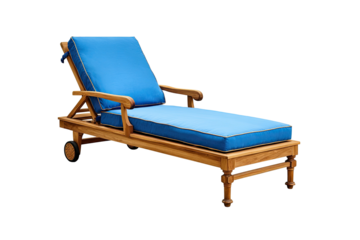 Wooden chaise lounge with blue cushions on black