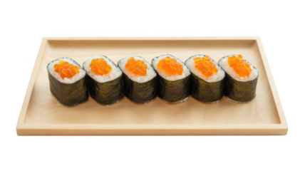 Salmon sushi rolls on a wooden plate japanese isolated on a transparent background