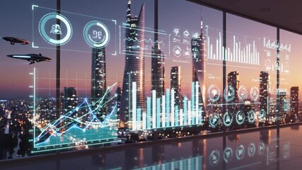A futuristic cityscape at dusk with a drone flying outside a large window displaying various digital graphs and charts. - Powered by Adobe