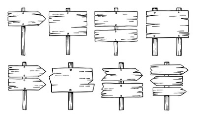 Hand drawn rustic wooden signpost illustration set in clean outline style. Suitable for outdoor, countryside, travel, and vintage graphic design use © luqart97