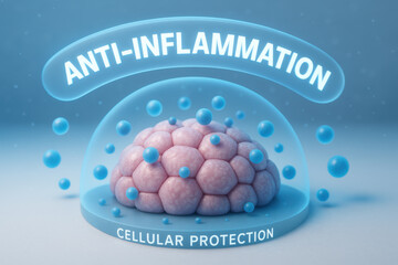 Scientific anti inflammation diagram illustrating hopeful concept of cellular protection. blue shield mechanism protects tissue and cell from damaging inflammation molecule for relief