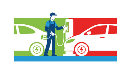 Person charging electric car at modern station, promoting sustainable transport