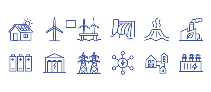 Renewable energy and low emission sustainable power system line icon set including solar, wind, hydrogen and EV charging. Clean energy generation and grid infrastructure vector illustration.