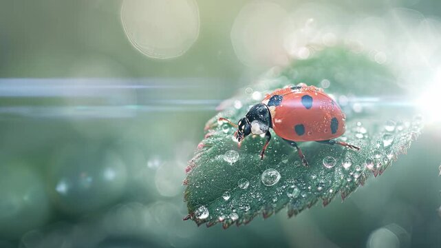 Macro view of red ladybug crawling on wet green leaf with morning dew drops and soft bokeh background