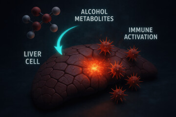 Medical diagram of liver cell showing inflammation from stress. An alcohol metabolite causes immune activation, stressful health concept showing organ damage on dark background