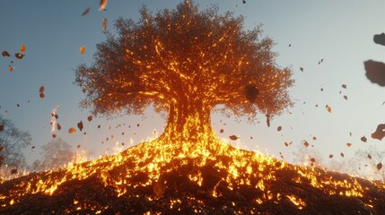 Fiery Tree Erupting with Flames and Ashes Surrounded by Glowing Embers and Floating Leaves in a Dramatic Scene
