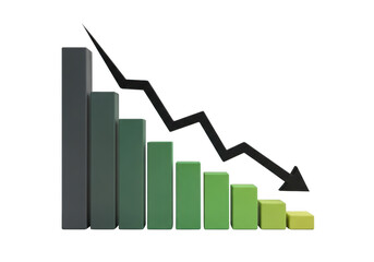 Downward trend graph with green bars and black arrow indicating decline isolated on transparent background
