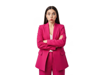Confident young businesswoman in pink suit standing with arms crossed, expressing determination and professionalism, isolated on transparent background