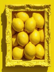 Bright Yellow Lemons in Ornate Yellow Frame on Yellow Wall