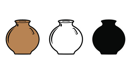 Three round ceramic vases in brown, white, and black, isolated on a white background.
