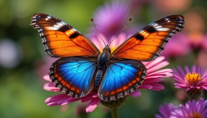 Fototapeta premium Vibrant Butterfly with Blue and Orange Wings Perched on Pink Flower Petals in a Lush Garden