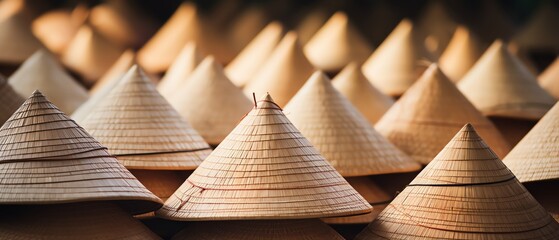 Traditional conical hats arranged in a row.