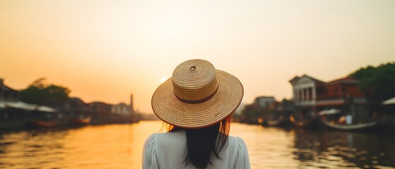 Woman looks at sunset by tranquil river.