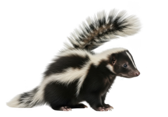 A black and white skunk standing on its hind legs with its tail raised high isolated on transparent background