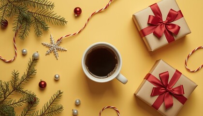 Cozy Christmas Morning: A festive composition of a warm cup of coffee, beautifully wrapped gifts, and seasonal ornaments creates a feeling of joy and warmth. 