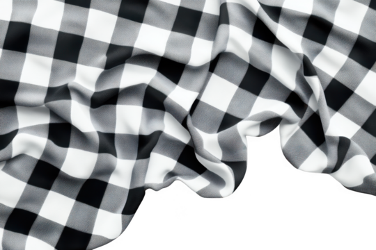 Black and white checkered tablecloth or fabric with a crumpled texture, perfect for kitchen or dining settings, isolated on transparent background - Powered by Adobe