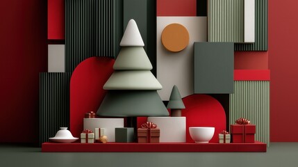 Modern Christmas composition with gifts and decorations in red and green