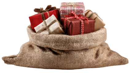 Burlap sack overflowing with wrapped presents, festive