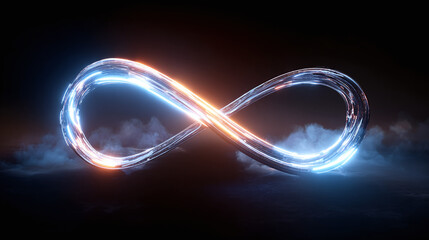 An elegant representation of infinity sign composed of shiny metal and illuminated with blue and orange light