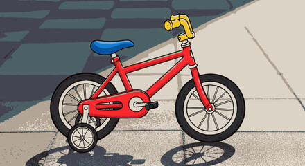 Naklejka premium A cheerful red children's bicycle, complete with a blue seat, yellow handlebars, and helpful training wheels, is parked on a paved ground.