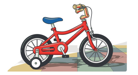 Fototapeta premium A vibrant red child's bicycle, complete with training wheels, stands ready for a young rider to learn and explore on a brightly colored tiled surface.