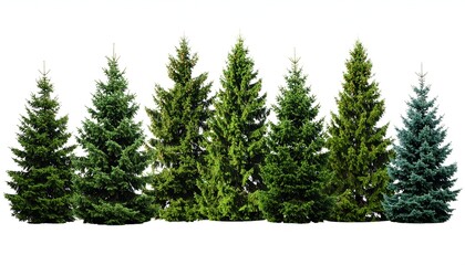 Seven evergreen trees of varying green hues, isolated against a white background