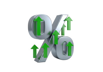 Fototapeta premium 3d silver percentage symbol with green arrows pointing upwards, indicating increase or growth in percentage, isolated on transparent background