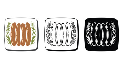 Three stylized illustrations of sausages on plates with decorative herbs, offering a versatile culinary graphic.