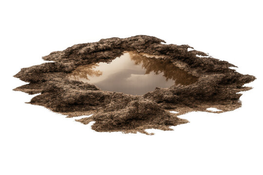 Puddle of water reflecting sky and trees, surrounded by mud and brown dirt, isolated with transparent background - Powered by Adobe