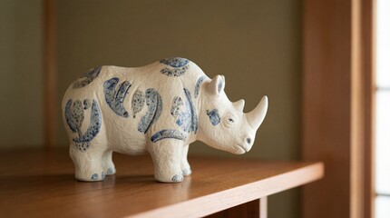Decorative Ceramic Rhinoceros Figurine in Blue and White Pattern on a Wooden Shelf