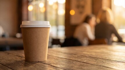 Cozy Coffee Cup on Rustic Wooden Table with Blurred Background of Friends in a Cafe