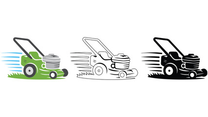 Fast-moving lawnmower in three styles: color, outline, and silhouette
