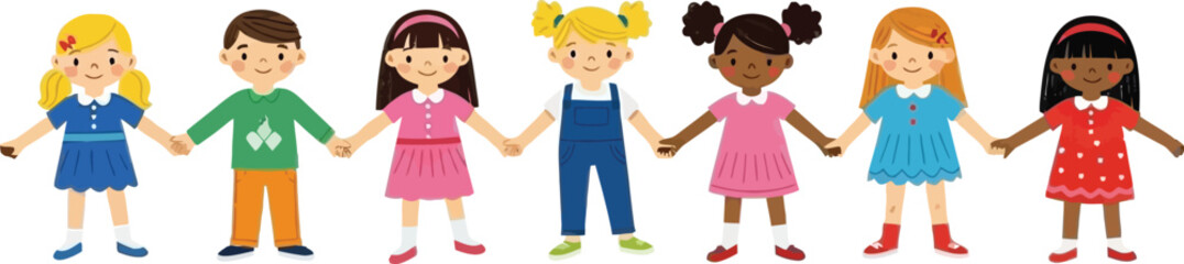 Fototapeta premium Diverse group of happy children holding hands, symbolizing friendship, unity, and global community. Joyful illustration of childhood togetherness and inclusivity.