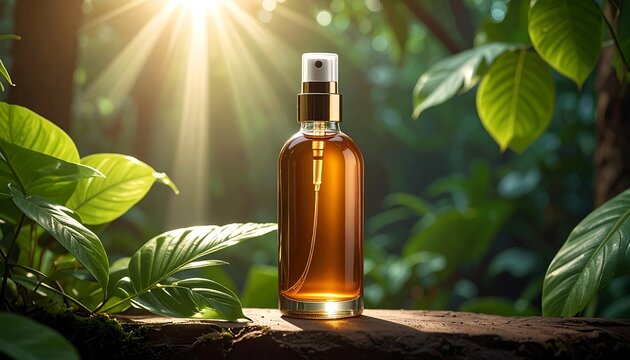 A golden-accented amber spray bottle sits amidst lush green foliage, bathed in radiant sunlight. The bottle is on a wooden surface