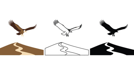 Majestic eagle soars over stylized desert dunes, showcasing freedom and natural beauty.