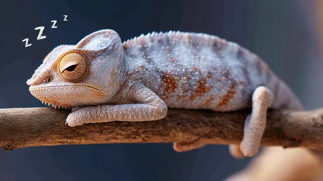 A Relaxing Chameleon Soundly Sleeping on a Branch, Peacefully Enjoying a Moment of Calm with Its Eyes Closed and a Content Expression, Captured in Two Frames