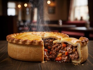Traditional British Steak and Ale Pie in Cozy Pub Setting, Golden Crust, Hearty Filling for British Pie Week