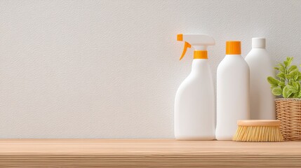 Toxic Chemicals in the Home Environment Cleaning products displayed on a countertop with a plant and brush, giving a neat and organized appearance.