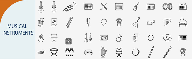 Musical instruments line icons set for orchestra, sound studio, audio equipment. © rayzign