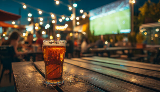 A glass of amber-colored beer with a foamy head on a rustic wooden outdoor table at evening in a lively pub or beer garden setting