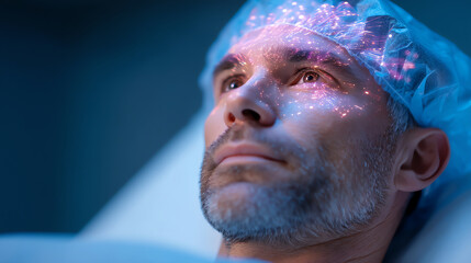 Middle-aged man in a medical cap gazes upward as digital neural network graphics overlay his face, symbolizing brain activity, technology, and futuristic healthcare concepts