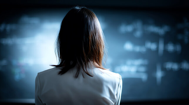A person in a white shirt is seen from behind, facing a dark, blurry chalkboard filled with mathematical formulas and equations, suggesting focus on study or problem-solving - Powered by Adobe