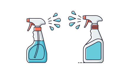 Two cleaning spray bottles in white and blue colors pointing towards each other while spraying mist for household disinfection.