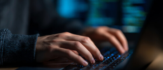 Hands typing on a laptop keyboard in a dark environment, with blurred code on a screen in the background suggesting programming or cybersecurity work