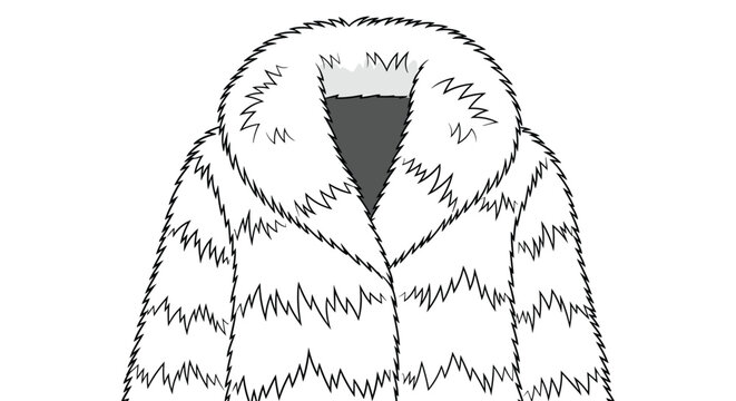 Detailed illustration of a white fur coat with a large fluffy collar shows luxury fashion and winter apparel styling.