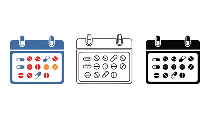 Calendar icons showing daily medication schedule with pills and capsules
