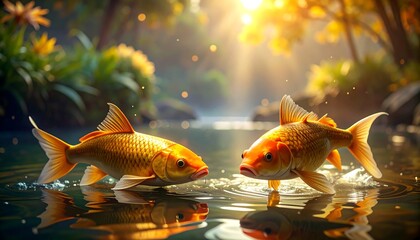 Two vibrant golden koi fish swim in a serene, sun-dappled pond surrounded by lush green foliage and golden light
