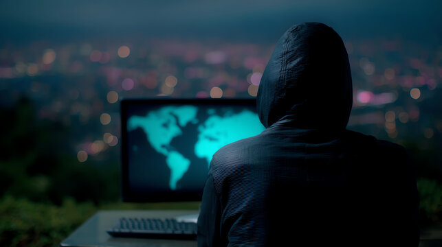 Person in a hooded jacket sits outdoors at night, facing a computer screen displaying a digital world map, with blurred city lights in the background - Powered by Adobe