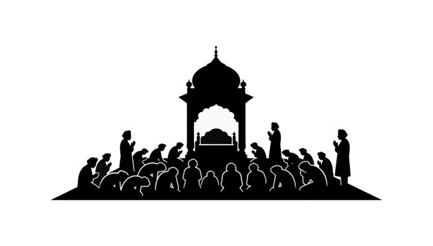 Sikhism communal prayer in historical Gurdwara hall. Black silhouette vector illustration. Religious worship and devotion concept isolated on transparent background